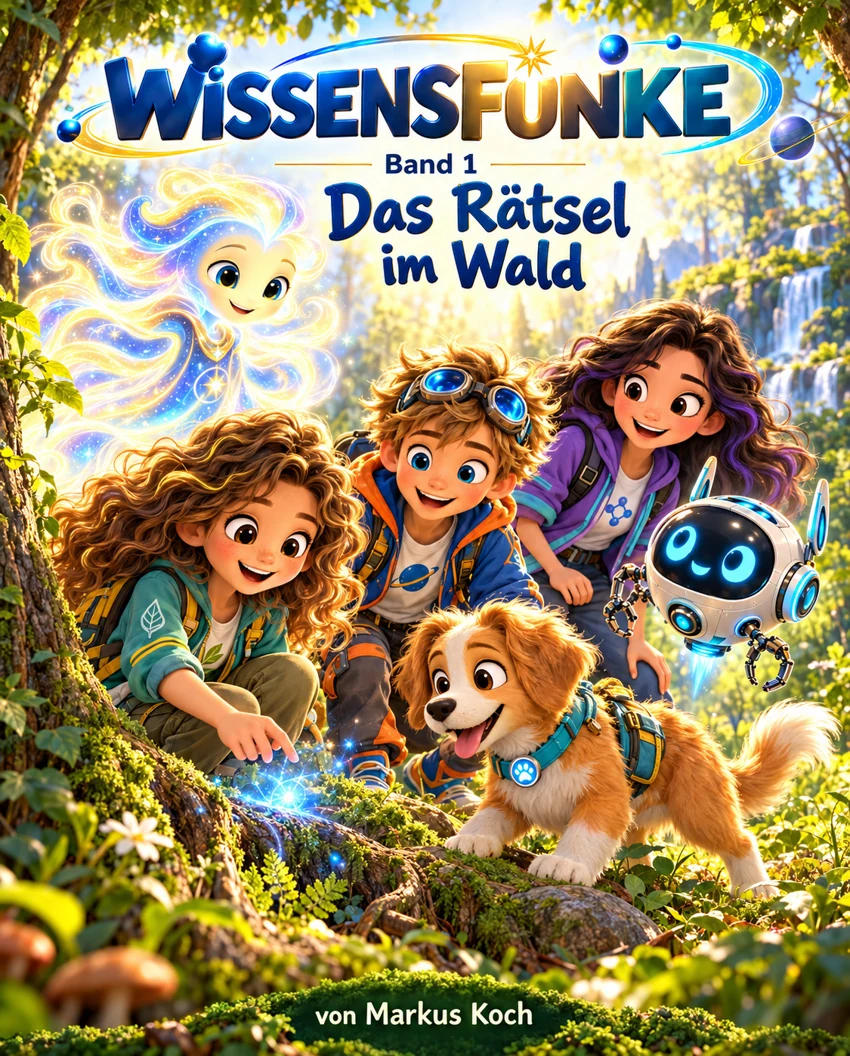 Wissensfunke Band 1: Das Rätsel im Wald. Das Originalcover von Markus Koch.