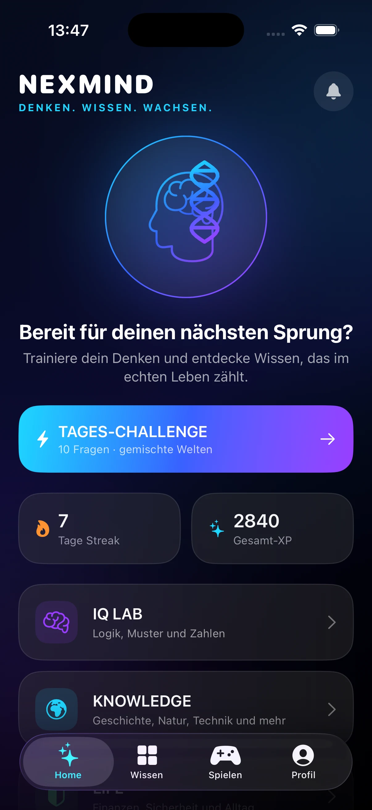 Vorhandener NEXMIND-Appentwurf mit Tages-Challenge und Wissenswelten