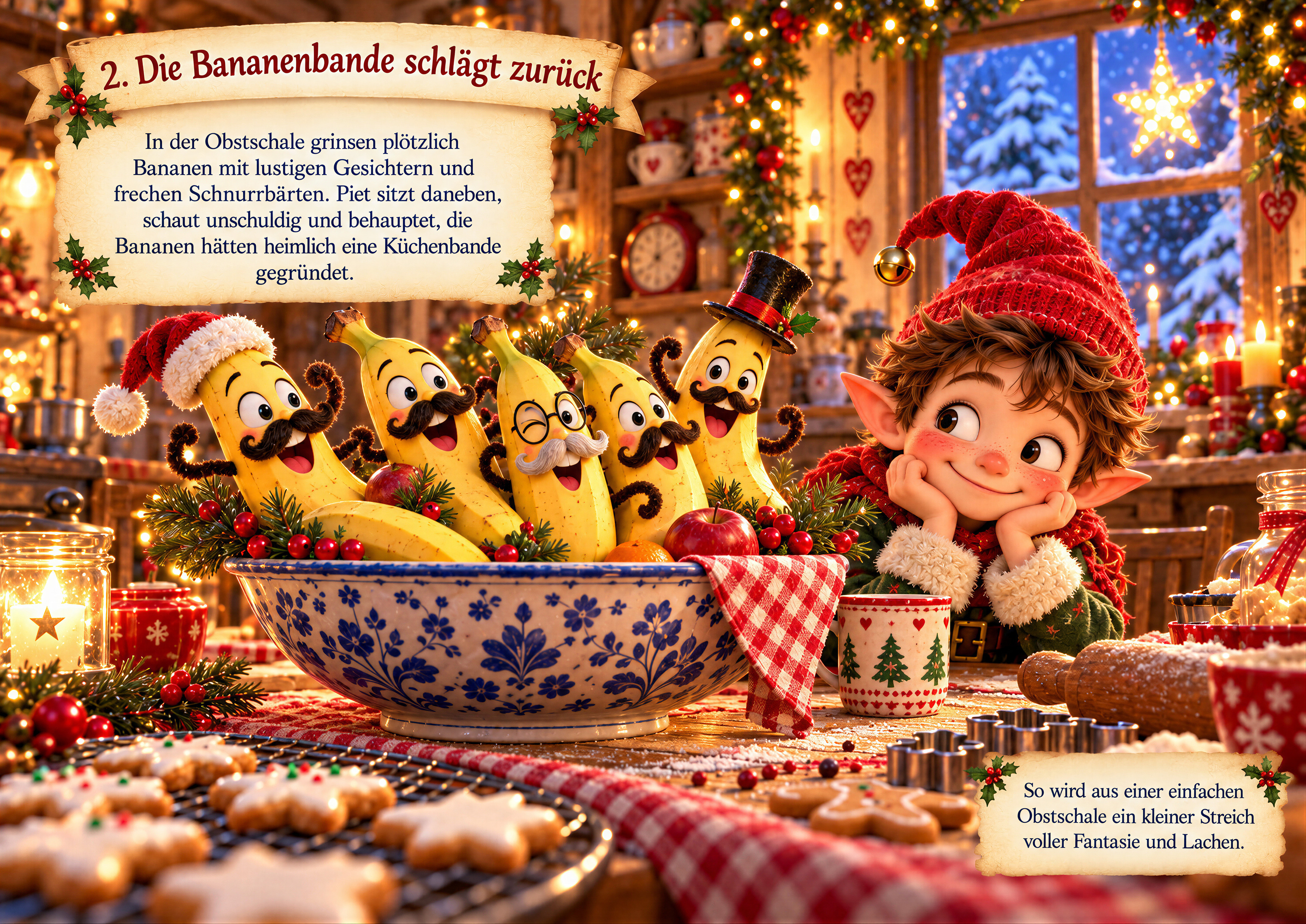 Piet neben einer Obstschale mit lustigen Bananengesichtern; Originalillustration der zweiten Geschichte