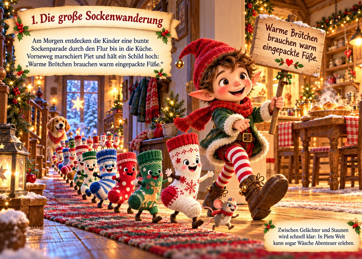 Piet mit roter Mütze vor einer Parade bunter Socken; Originalillustration mit Geschichte