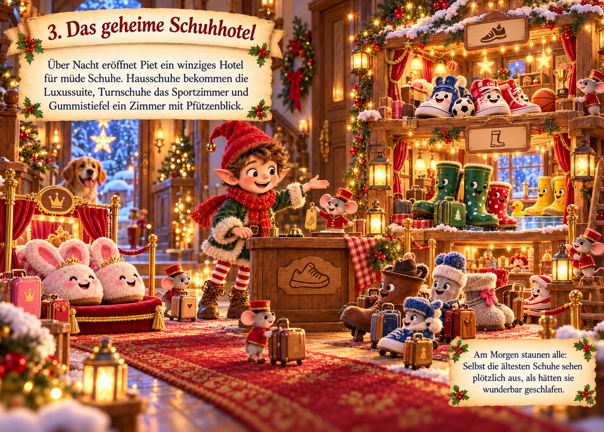 Piet und kleine Mäuse in einem Hotel aus Schuhen; Originalillustration mit Geschichte
