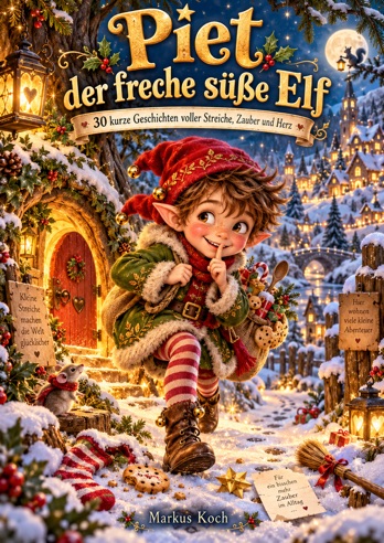 Originalcover von Piet der freche süße Elf: Piet mit roter Mütze und Laterne in einem weihnachtlichen Dorf